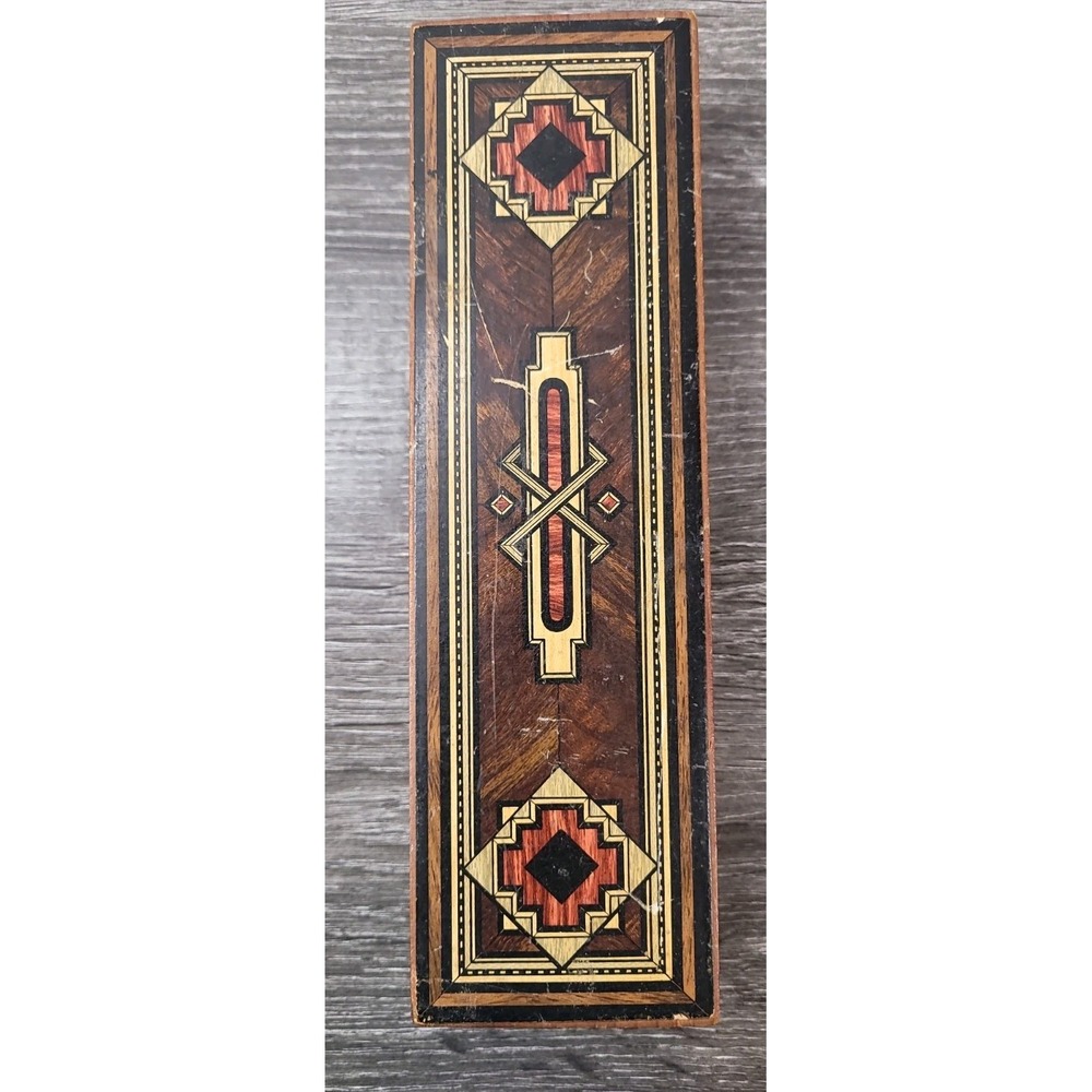 Antique Wood Marquetry Pencil Box Inlaid Geometric Sorrento Tunbridge Ware VTG